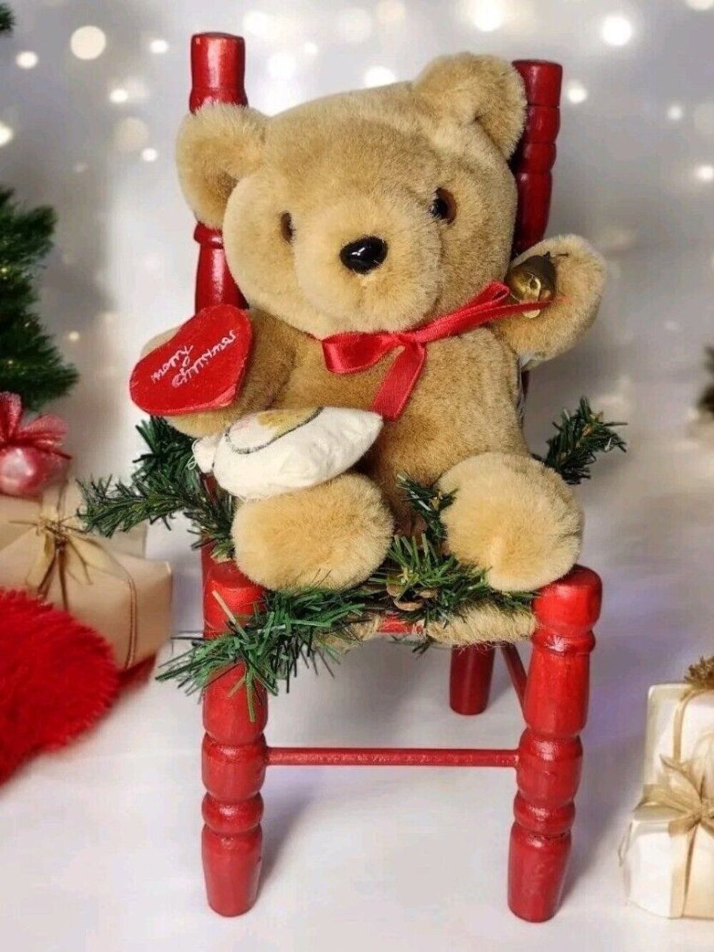 Vintage Rustic Christmas Teddy Bear Wood Chair Decor Country Holiday Kitsch